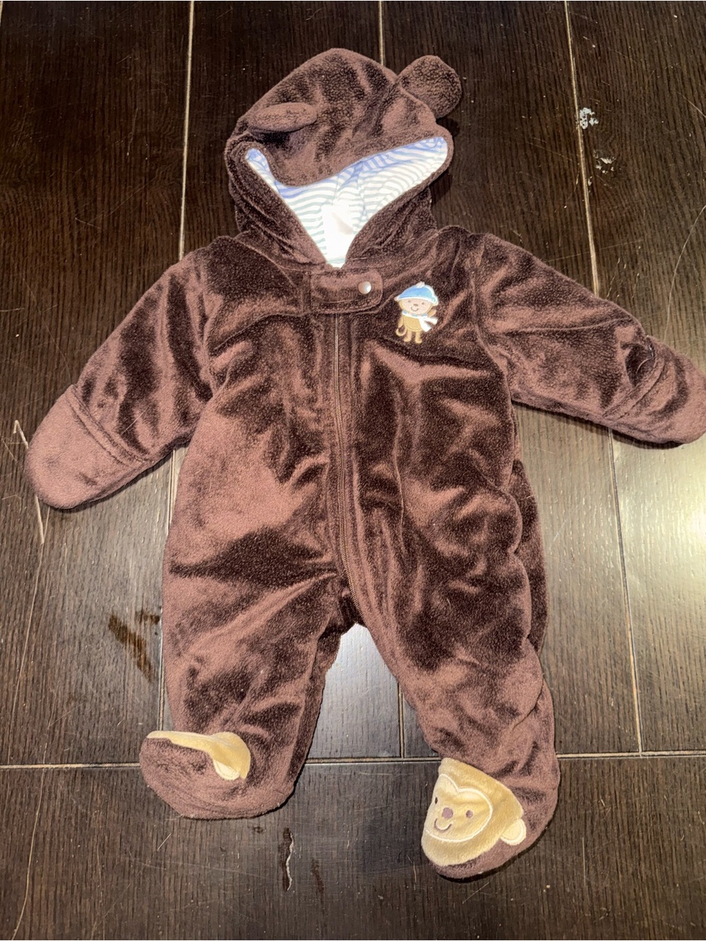 Cozy Brown Plush Hooded Baby One-Piece with Footies
